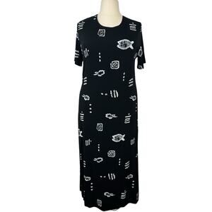 ES SE Dress Women 2X Black White Maxi Fish Beach Resort Vintage 90s Slinky Knit
